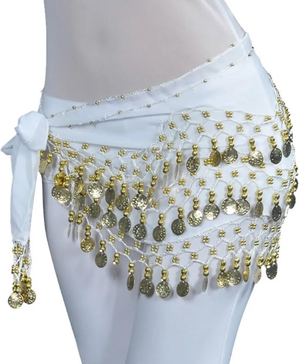 Go Go Gadget - Buikdans Sjaal met Gouden Muntjes - 150 cm - Heupsjaal - Wit