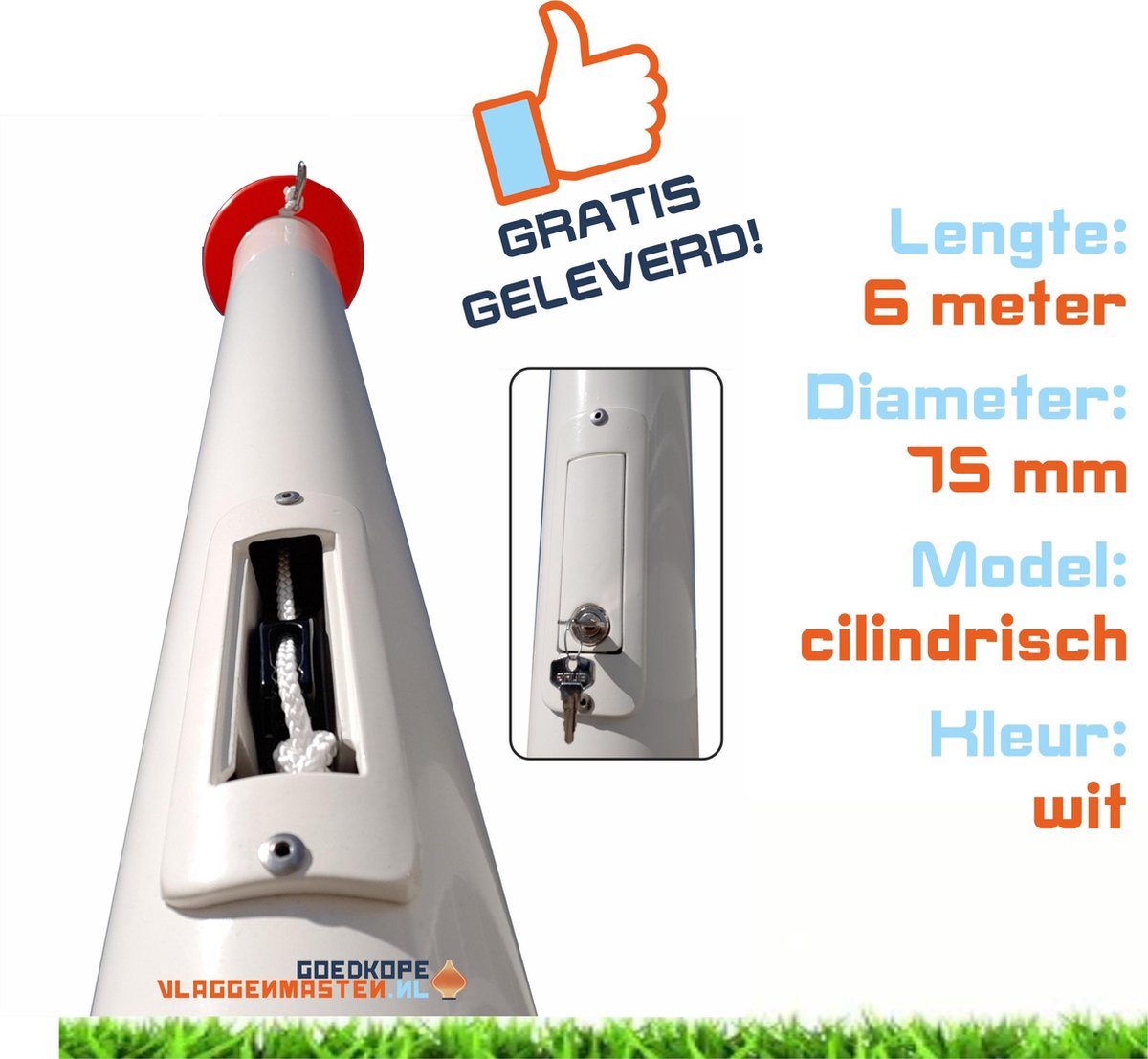 Onderhoudsvrije vlaggenmast anti-diefstal 6 meter aluminium cilindrisch 75 mm wit gecoat met cilinderslot en contra-gewicht - 7506w2 (zonder grond-bevestiging)