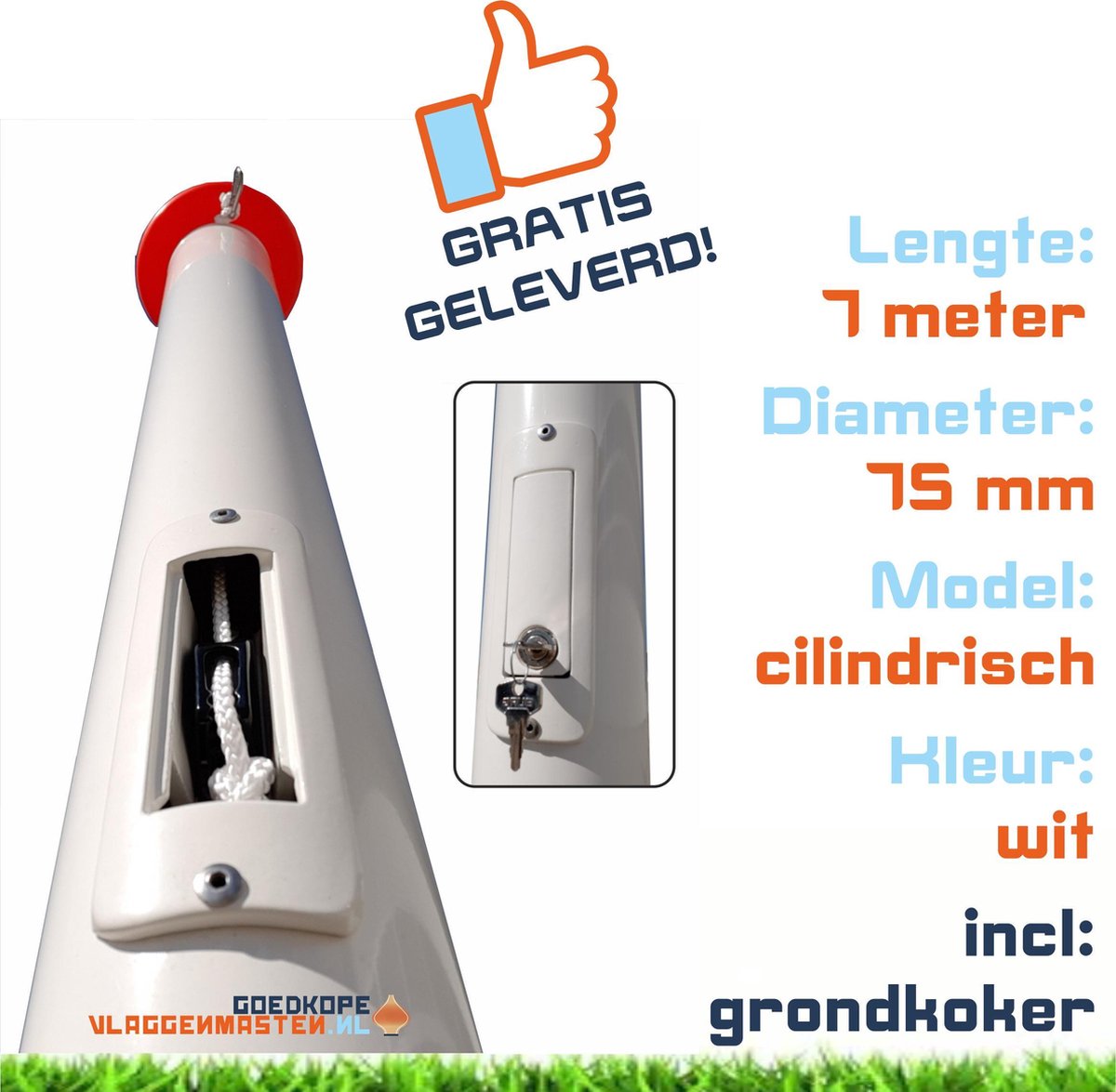 Onderhoudsvrije vlaggenmast anti-diefstal 7 meter aluminium cilindrisch 75 mm wit gecoat met cilinderslot, contra-gewicht en grondkoker - 7507w2a