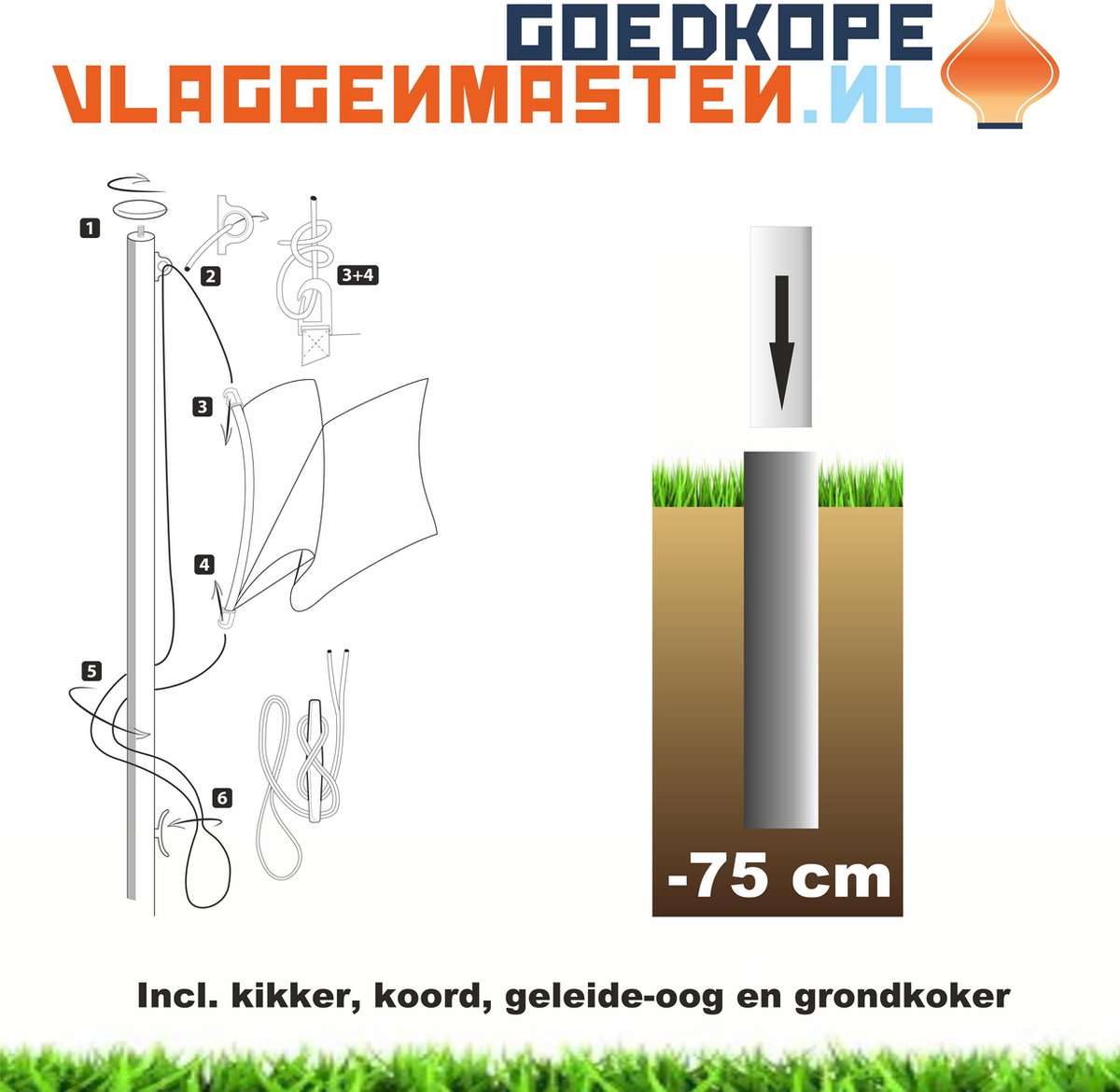 Sterke en onderhoudsvrije 7 meter vlaggenmast aluminium cilindrisch 75 mm wit gecoat incl. kikker, koord, geleide-oog en grondkoker - 7507W1A