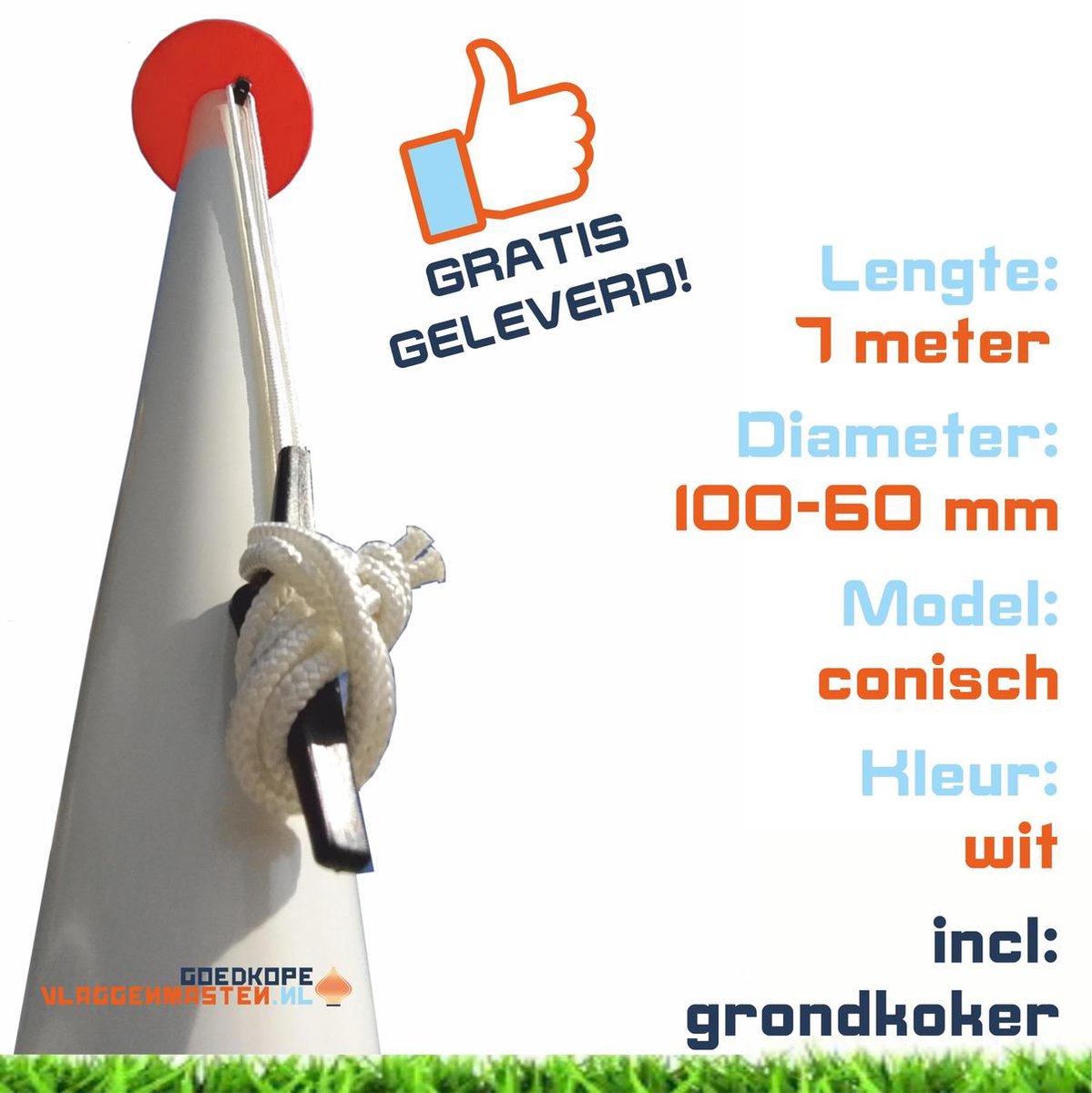 Sterke en onderhoudsvrije 7 meter vlaggenmast aluminium conisch 100-60 mm wit gecoat incl. kikker, koord, geleide-oog en grondkoker - 1207W1A