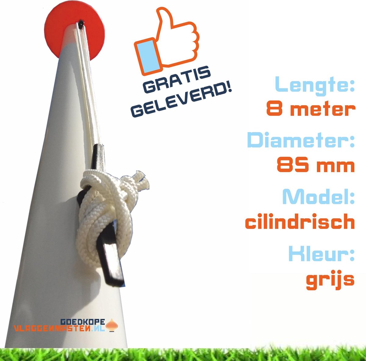 Sterke en onderhoudsvrije 8 meter vlaggenmast aluminium cilindrisch 85 mm grijs geanodiseerd incl. kikker, koord en geleide-oog - 8508A1