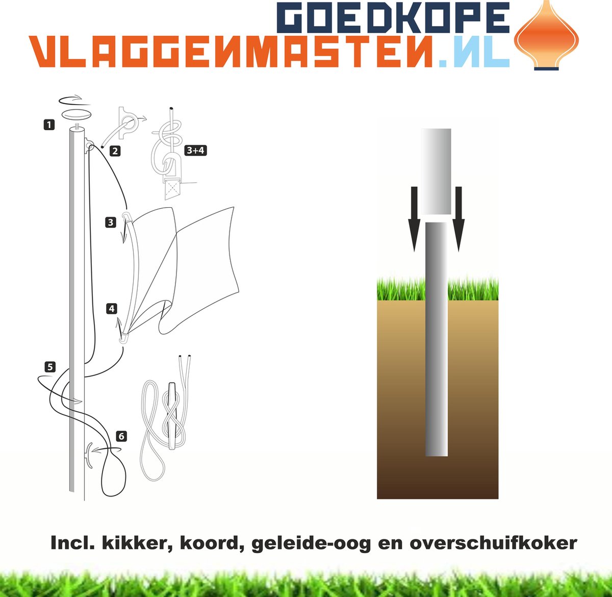 Sterke en onderhoudsvrije 8 meter  vlaggenmast aluminium cilindrisch 85 mm wit gecoat incl. kikker, koord, geleide-oog en overschuifkoker - 8508W1B
