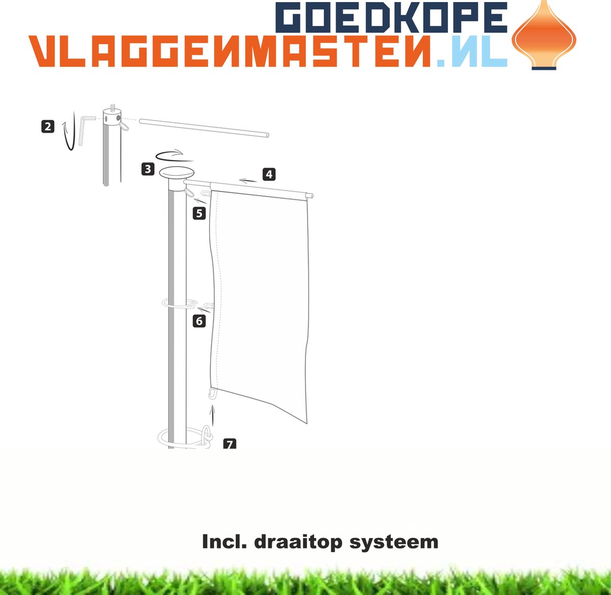 Vlaggenmast draaitop systeem met banieruithouder, 7 meter aluminium cilindrisch 75 mm wit gecoat compleet knop, geleidingsringen, contragewicht - 7507w3