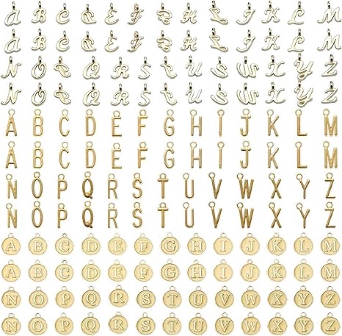   156 stuks letterhangers goud 3 stijlen hoofdletters A-Z bedels ABC letterbedels met 200 stuks buigringen voor doe-het-zelf sieraden maken armband halsketting hanger, goud, L