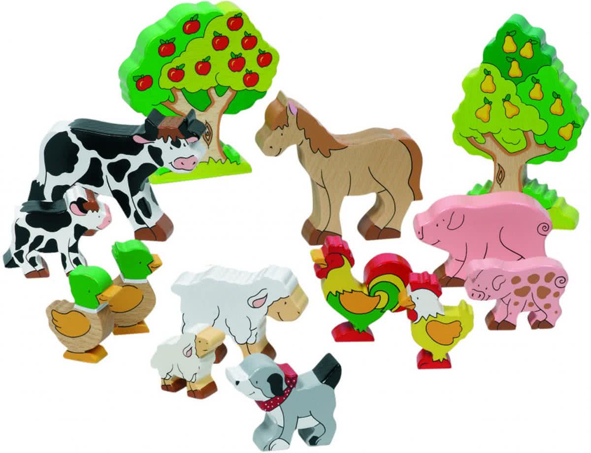 Figuren van hout: SET BOERDERIJDIEREN, bevat 14 houten