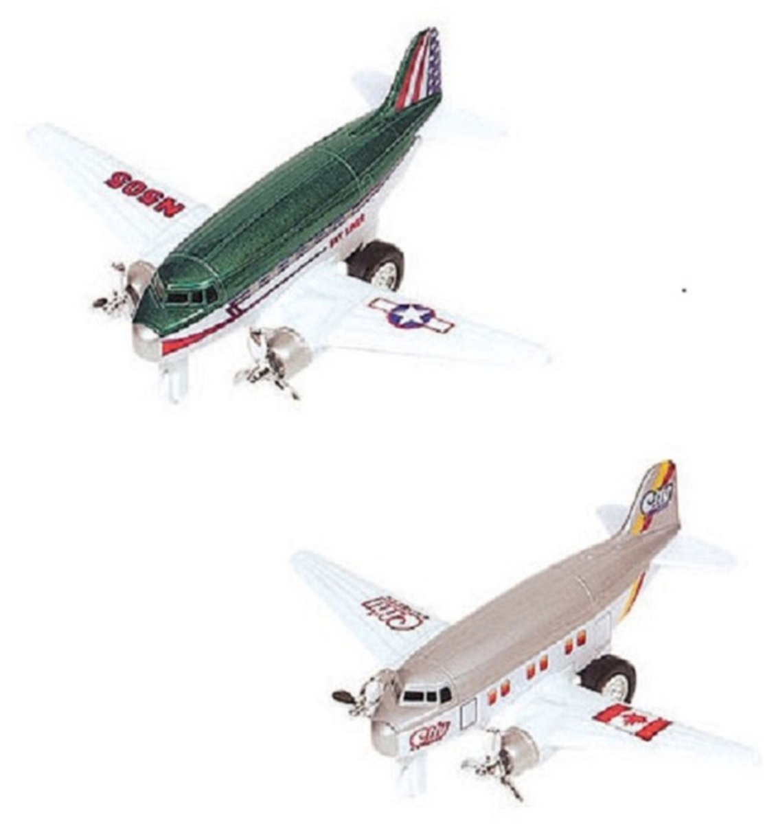 Goki Speelgoed Vliegtuigjes - 2x stuks - 12 cm - groen en grijs - dubbele propeller - kinderen