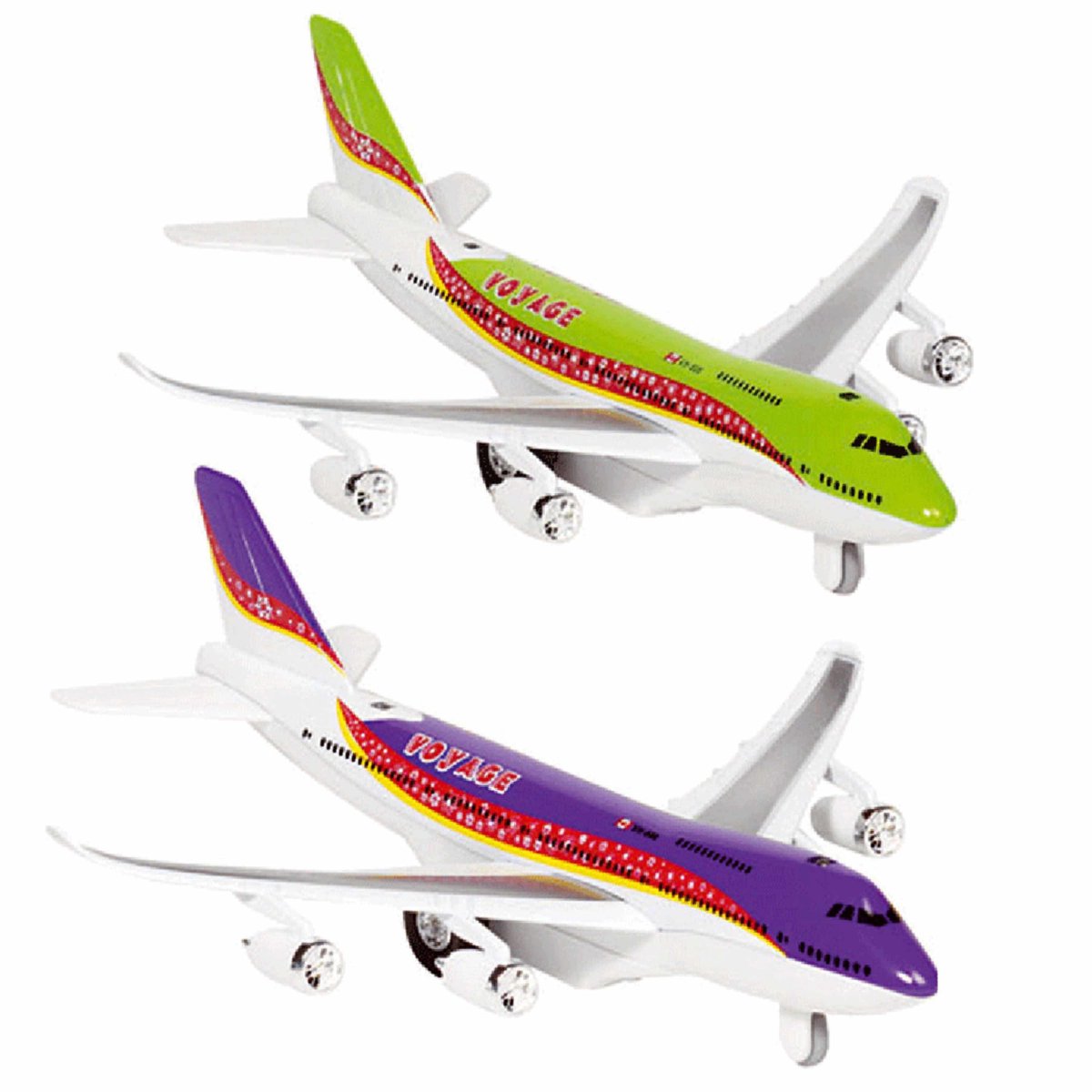 Goki Speelgoed Vliegtuigjes - 2x stuks - 19 cm - paars en groen - licht en geluid - voor kinderen