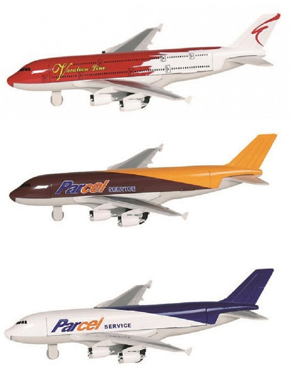 Goki Speelgoed Vliegtuigjes - 3x stuks - 19 cm - rood, bruin, wit - pull back motor - kinderen