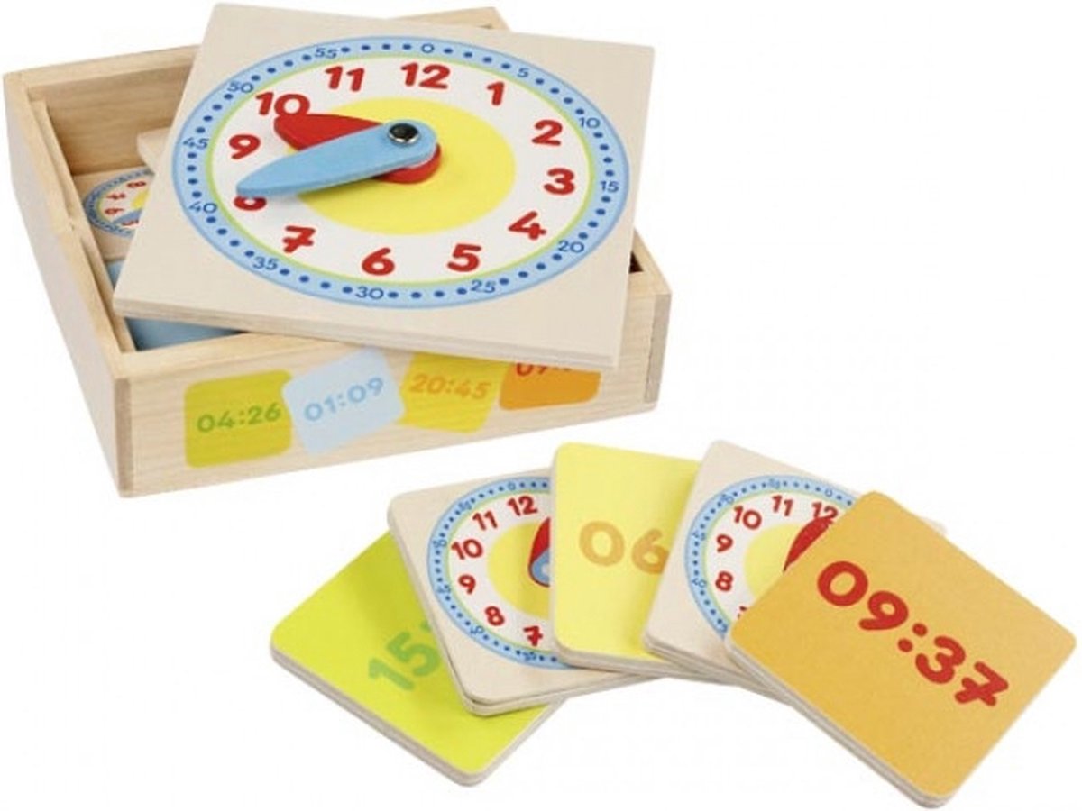 KLOK 12x12x3,5cm, 12-delig, om het uur te leren lezen, in houten kistje, 5+