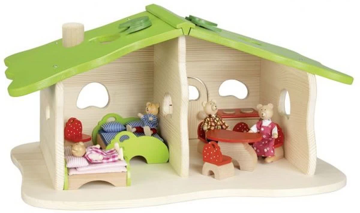 ZZZPoppenhuis: BOSHUIS 61x40x29, met meubels en 4 buigpopjes, hout, 2