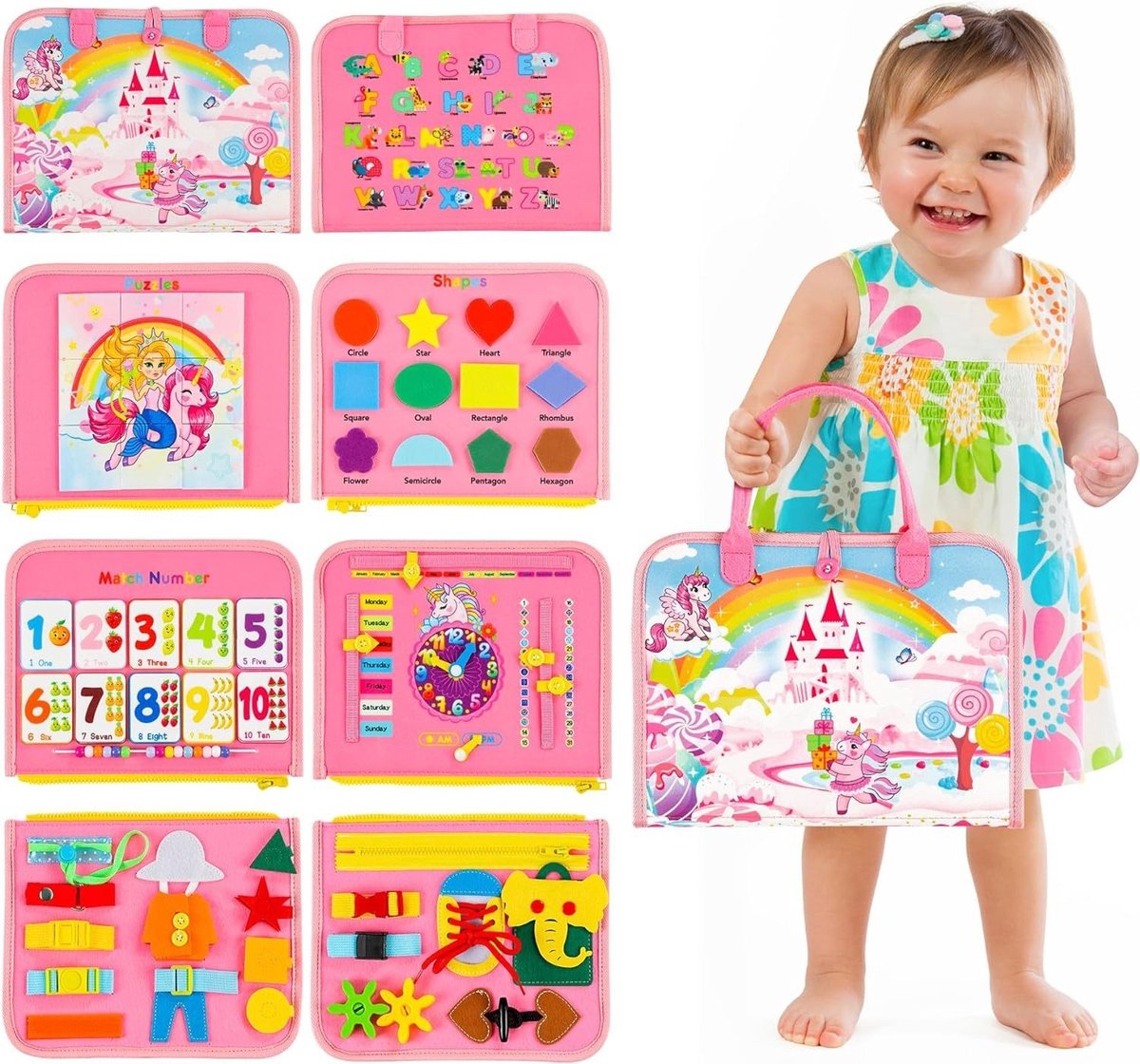 Busy Board Book - Educatief Speelgoed Druk Board Voor Jonge Geitjes - Activiteitenraad Montessori Speelgoed (Motoriek Educatief Speelgoed Peuter Sensorisch Speelgoed Rustige Boek Eenhoorn Geschenken) - voor 2 3 4-jarige Meisjesjongen