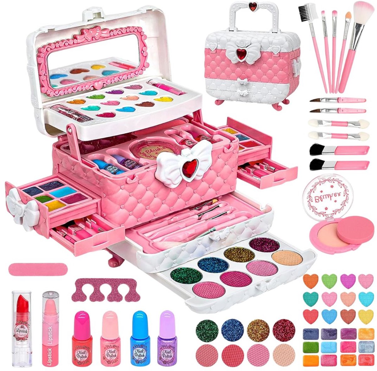 Goodivery - Make up Koffer Meisjes - Kindermake Up Set - 55 Stuks - Make Updoos voor Kinderen - Beautybox voor Meisjes - Wit en Roze