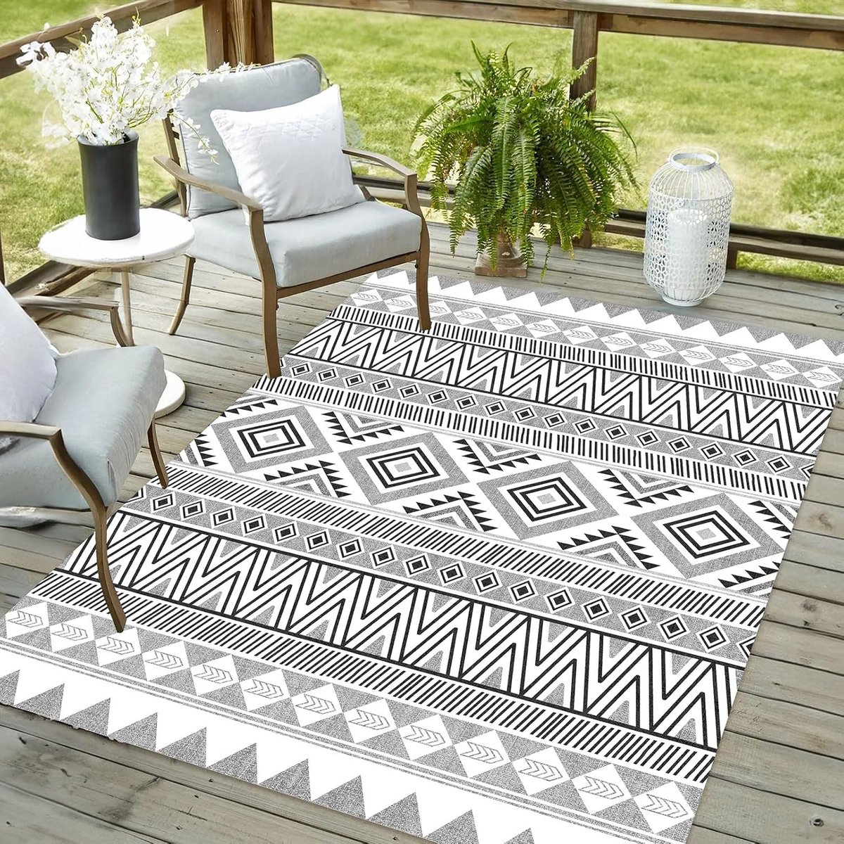 Goodivery ® Modern tapijt in en buiten, robuust tapijt, ideaal voor keuken en eetkamer, vintage look, boho-geometrische stijl, balkon, terras, grijs-zwart, 120 x 170 cm