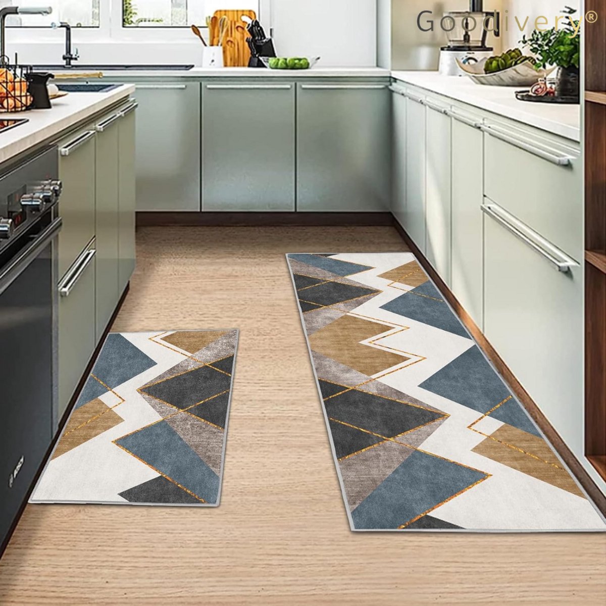Goodivery ® Set van 2 keukentapijten, antislip keukenmatten, keukenloper, wasbaar antislip, keukentapijt voor keuken, woonkamer, eetkamer, badkamer ( Geometrische D 40 x 120 cm + 40 x 60 cm