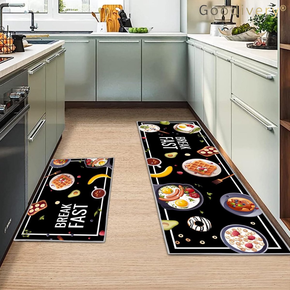 Goodivery ® Set van 2 keukentapijten, antislip keukenmatten, keukenloper, wasbaar antislip, keukentapijt voor keuken, woonkamer, eetkamer, badkamer ( Ontbijt 43 x 150 cm + 40 x 60 cm