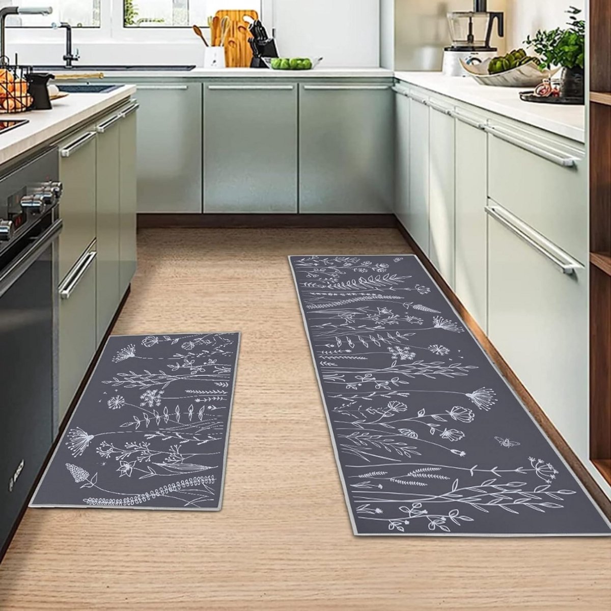 Goodivery ® Set van 2 keukentapijten, antislip keukenmatten, keukenloper, wasbaar antislip, keukentapijt voor keuken, woonkamer, eetkamer, badkamer (Bloem E , 40x120 cm + 40 x 60 cm