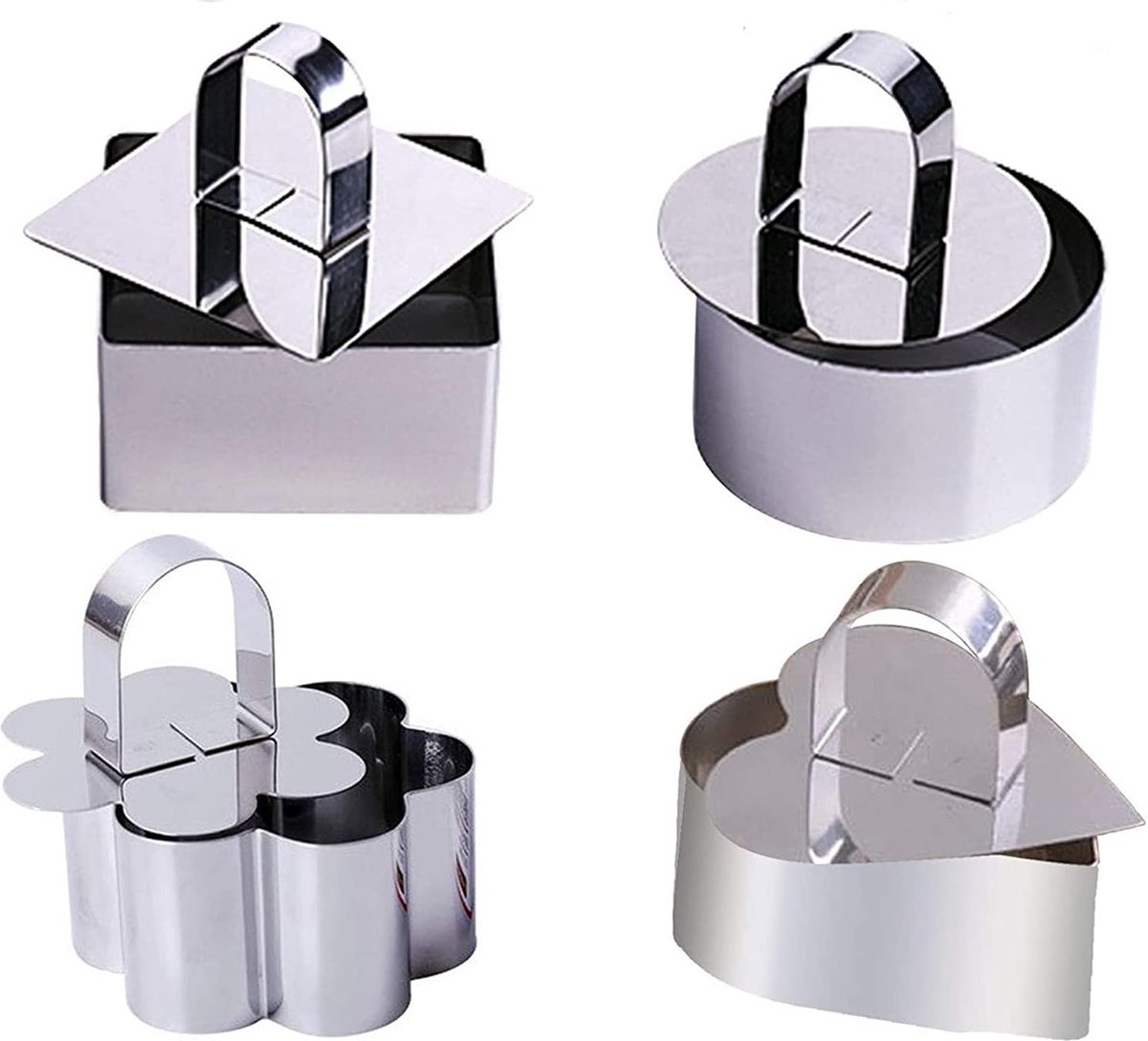 Goodivery ® Set van 4 RVS Desserringvormen - Diverse Vormen: Bloem, Vierkant, Hart, Rond