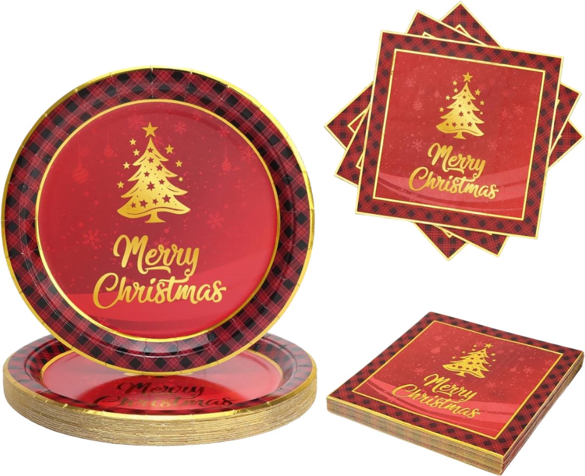 Goodivery® - Christmas Paper Plates - Kerstmis papieren borden en servetten 50 stuks - 23 cm kerstmis borden en servetten papier - Feest servies met gouden kerstboom en tartan ontwerp voor kerstmis decoraties