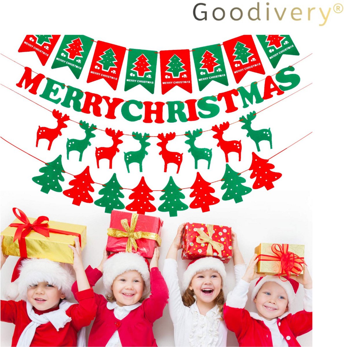  ® - Kerstversieringen - Kerstvlag om op te hangen - 5 stuks Kerstbanners - Kerstversiering - ‘Merry Christmas’ Versieringen Boom - Rendier wimpel Vlag Kerstknutselwerkjes