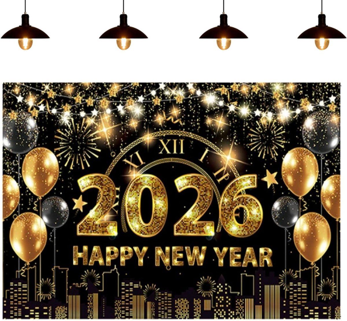 Goodivery® - New Year Banner - Gelukkig Nieuwjaar 2026-banner - Extra grote Gelukkig Nieuwjaar-banner met slingers - Zwart-gouden klok en vuurwerk als achtergrond voor oudejaarsavond en kerstfeestversieringen - (180 x 108 cm)