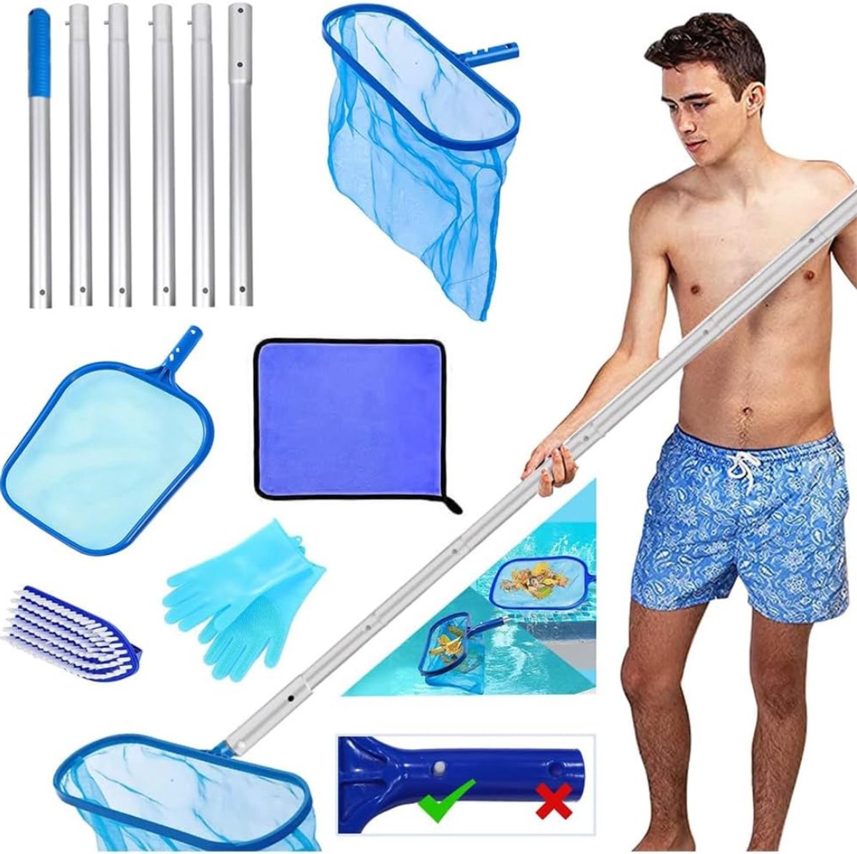 Goodivery® - Schepnet Zwembad - 2,1 M Verstelbare Stok - Schepnet Voor Zwembad - Diep En Plat Schepnet - Bladnet Voor Zwembad - Schepnet Voor Zwembad - Grondnet Voor Zwembad - Zwembadreiniging - Fijnmazig Net Voor Zwembad