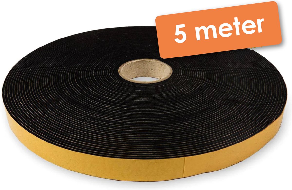 5 Meter - Zelfklevend   / Plakvilt op Rol - Zwart - Breedte: 15 mm - Dikte: 1.5 mm