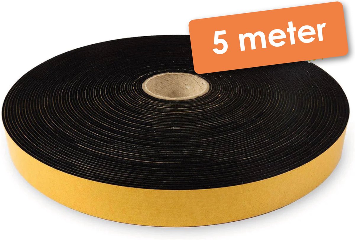 5 Meter - Zelfklevend   / Plakvilt op Rol - Zwart - Breedte: 20 mm - Dikte: 1.5 mm