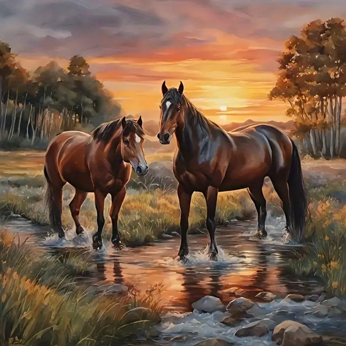 5D Diamond Painting Paarden bij Zonsondergang - Complete Doe-Het-Zelf Set met Ronde Steentjes - Ontspannende Hobby voor Volwassenen & Kinderen - Inclusief Canvas, Pennetje, Bakje & Steentjes - Creatief Cadeau voor Thuisdecoratie
