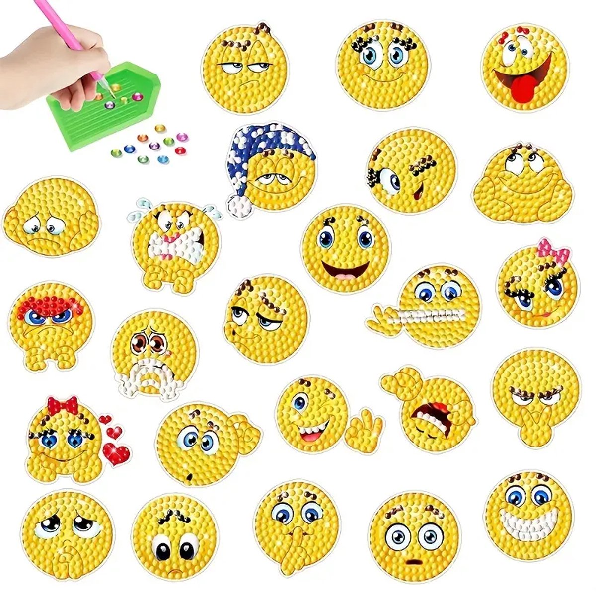 Diamond Painting Stickers Set 24-delig - Emoticon Thema - Inclusief Gereedschap & Steentjes - Creatief Knutselpakket voor Kinderen & Volwassenen - DIY Diamond Art Stickers - Hobby Set voor Meiden & Jongens