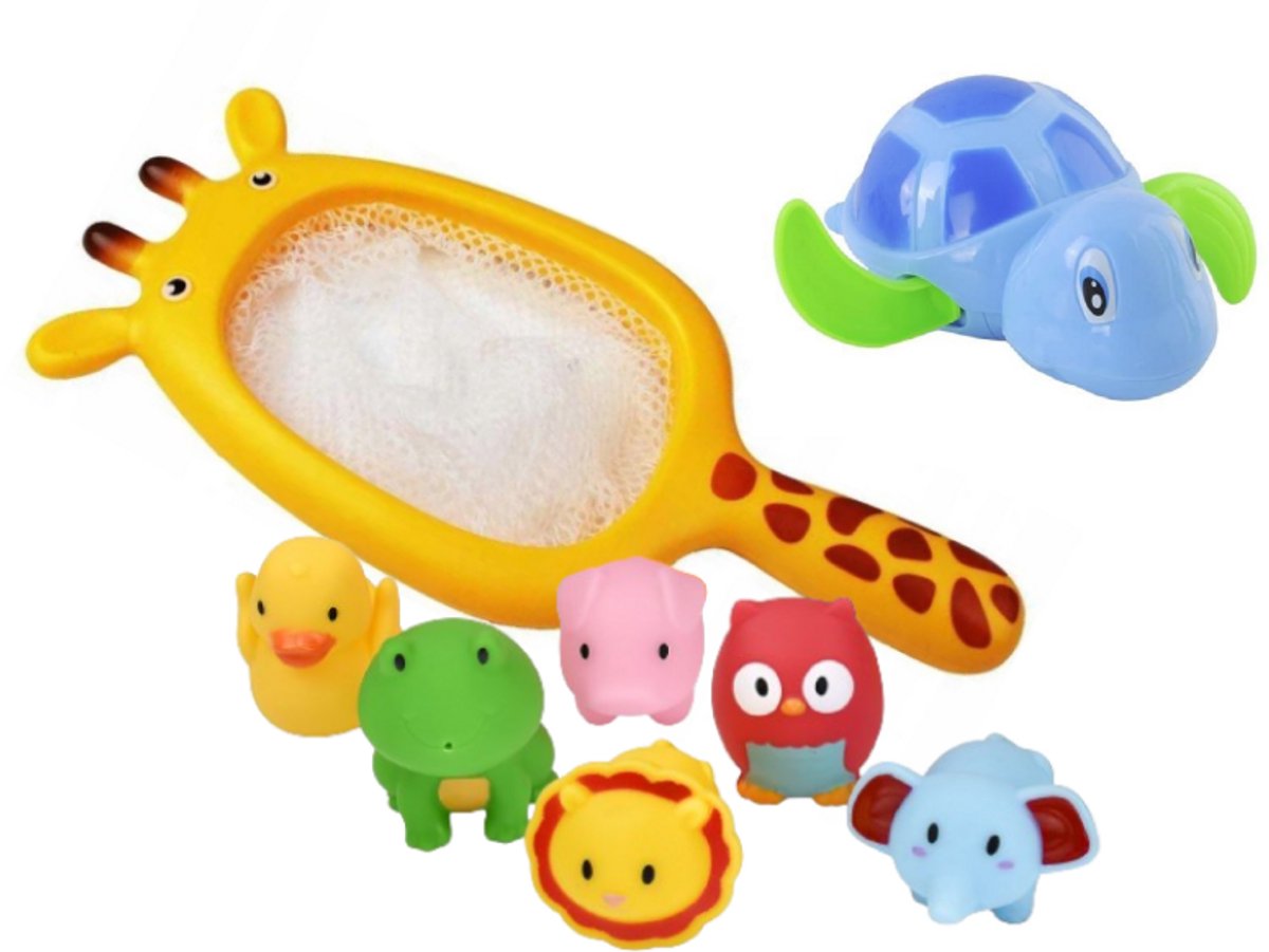 Goodz4All Badspeelgoed Waterspeelgoed Badspeeltjes 6 stuks Schepnet Giraffe & Opwindbare schildpad
