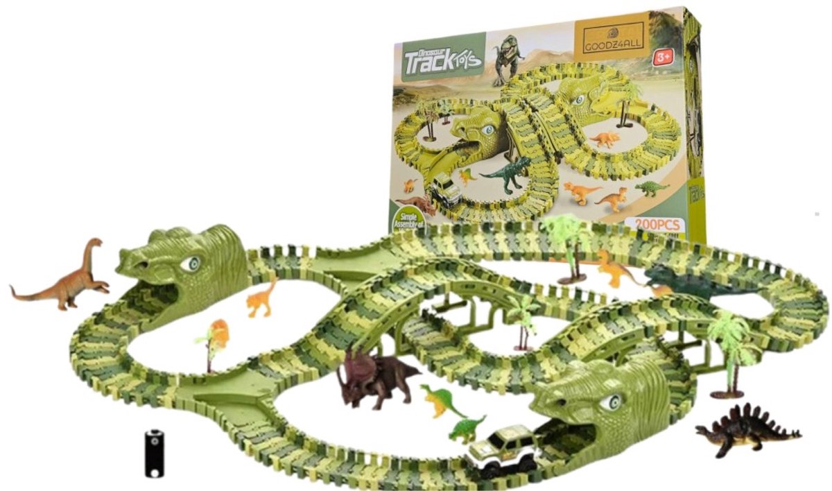 Goodz4All Dino Autobaan Speelgoed Dinosaurus Speelgoed Flexibele Racebaan Elektrisch voor Kinderen met Speelgoed Auto en Extra Dinosaurussen Speelfiguren - Eenvoudig te Monteren - Eindeloos Combineren - Veel Speelplezier