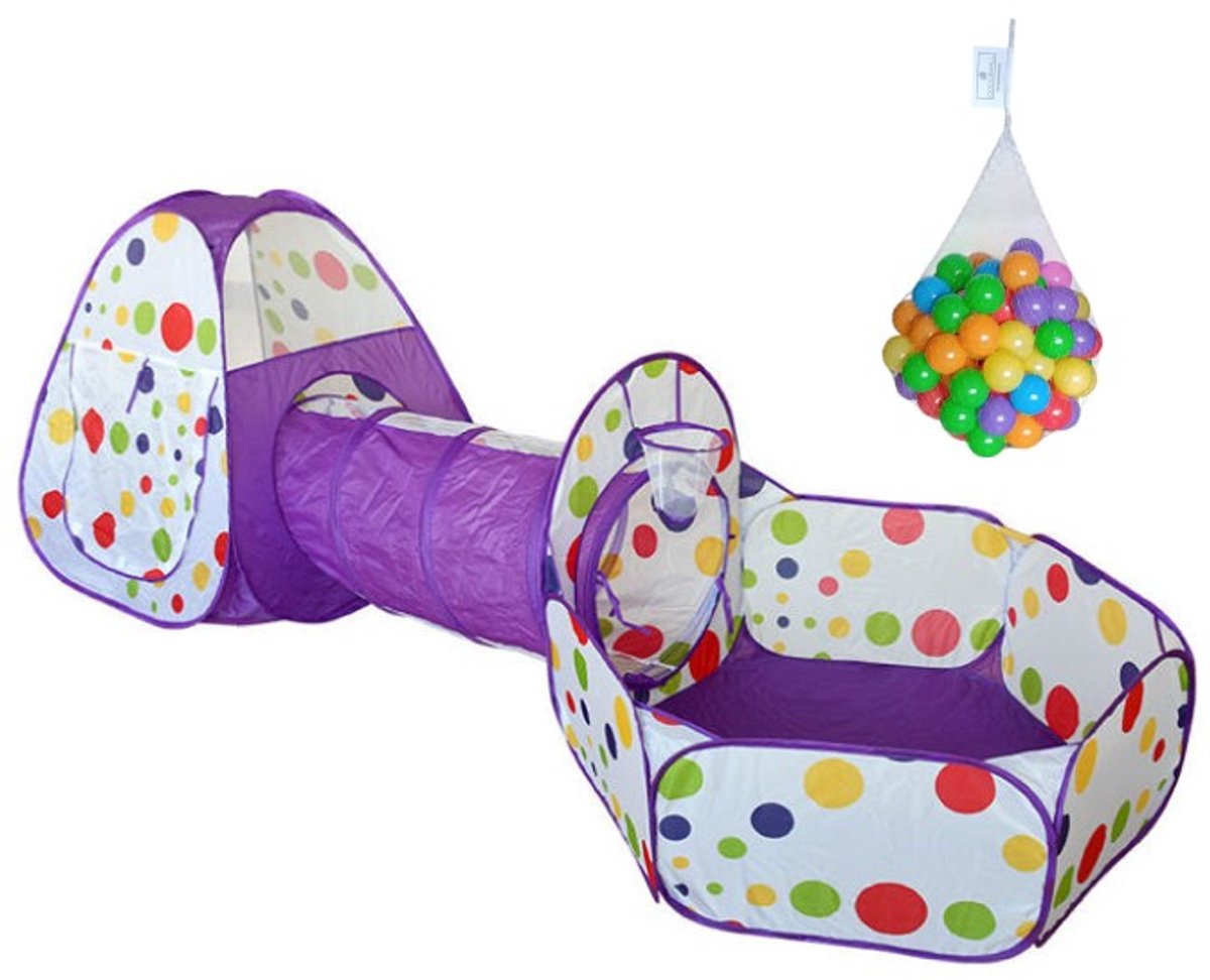Goodz4All Paarse Tunneltent 3-in-1 Speeltent Pop Up Tent met Ballenbak en Tunnel Kruiptunnel met 100 Ballen Kinderen Popup – Kindertent Speelhuisje met Speeltunnel en Ballenbad en 100 Ballenbakballen Pop-Up Tenten