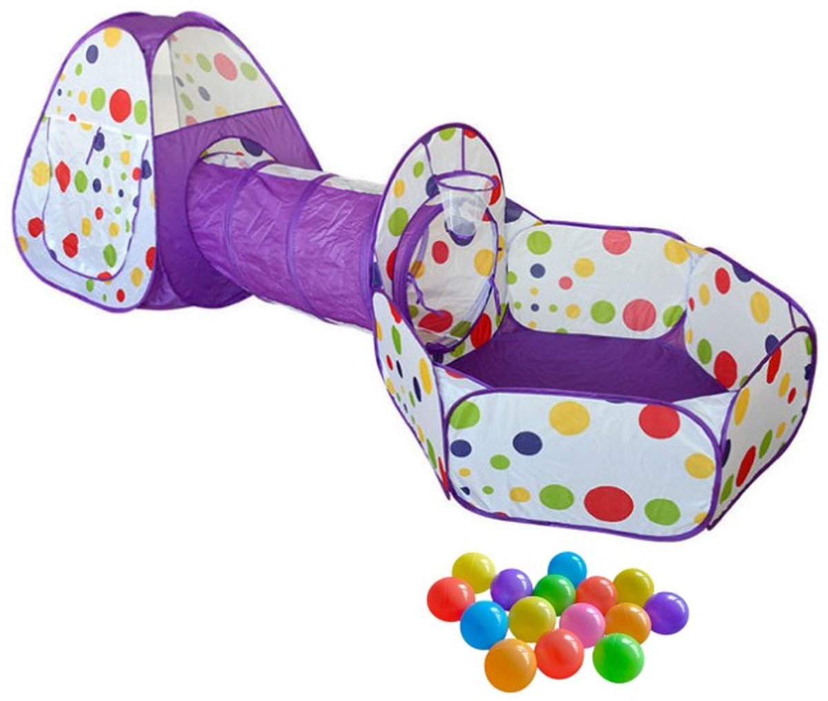 Goodz4All Paarse Tunneltent 3-in-1 Speeltent Pop Up Tent met Ballenbak en Tunnel Kruiptunnel met 15 Ballen Kinderen– Kindertent Speelhuisje met Speeltunnel en Ballenbad en 15 Ballenbakballen