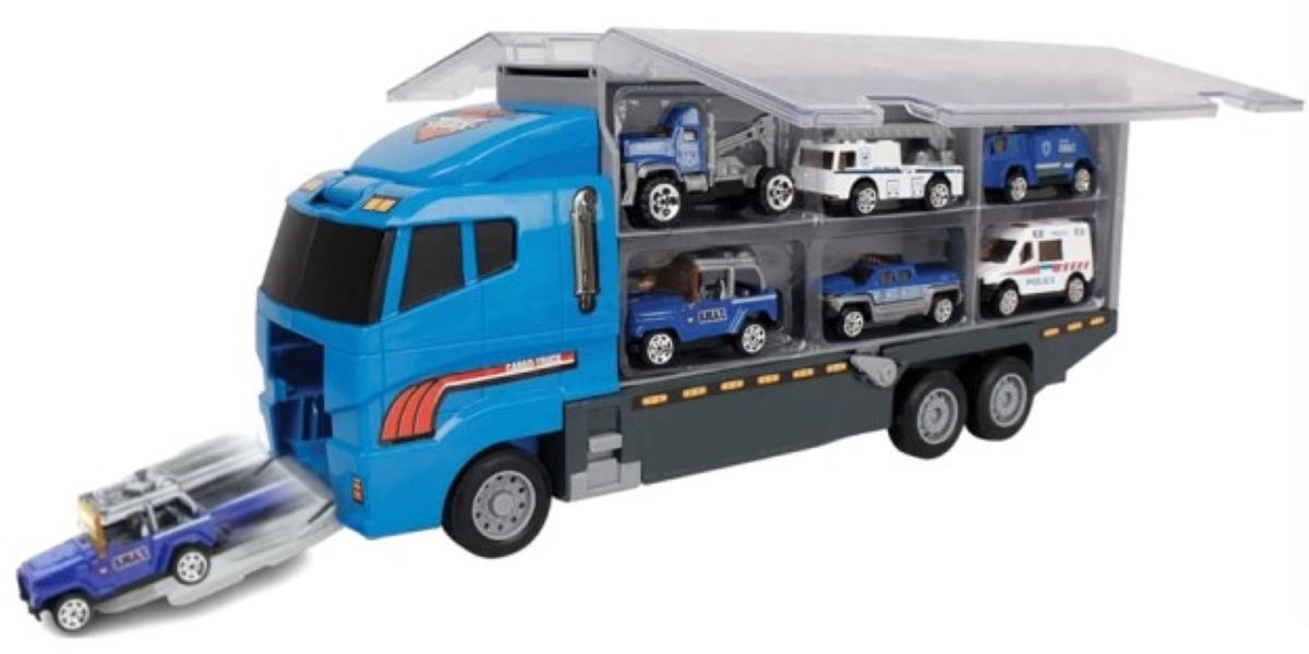 Goodz4All Politie Auto Speelgoed met 6 Mini Autootjes Voertuigen - Transportwagen Truck met 6 Miniatuur Auto’s Transportauto met o.a. Vrachtwagen Ambulance Ziekenwagen Takelwagen Wagen Trailer Autotransporter met Kleine Autootjes