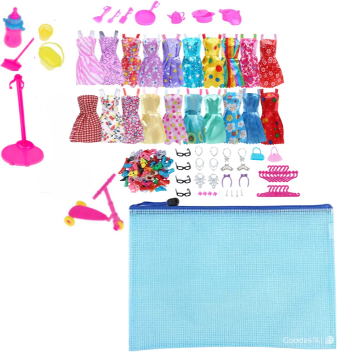 Goodz4All XXL Set Kleding & Accessoires voor Modepop Past ook de Bekende Modepoppen met Handige Opbergetui - 120 Delig Poppenkleding + handige Opbergtas met rits - Kleertjes - Poppenkleertjes