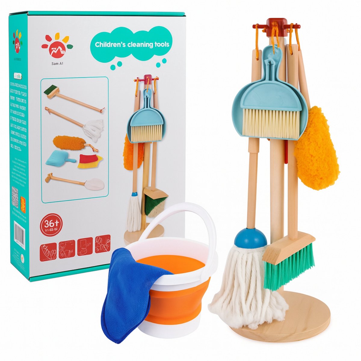 Montessori Schoonmaakset Kinderen – Houten Speelgoed Schoonmaak Set 7-delig – Met Bezem, Stoffer & Blik, Dweil & Plumeau – Educatief Rollenspel voor Peuters en Kleuters
