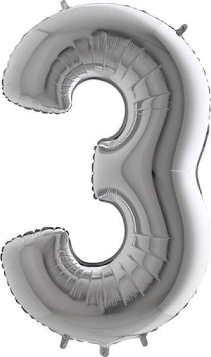 Grabo Balloons - Folieballon - Cijfer 3 - zilver - 66cm