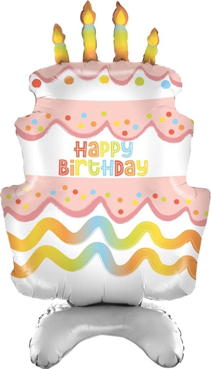 Birthday cake folieballon staand, 97 cm, verjaardagstaart, staande ballon, incl. rietje