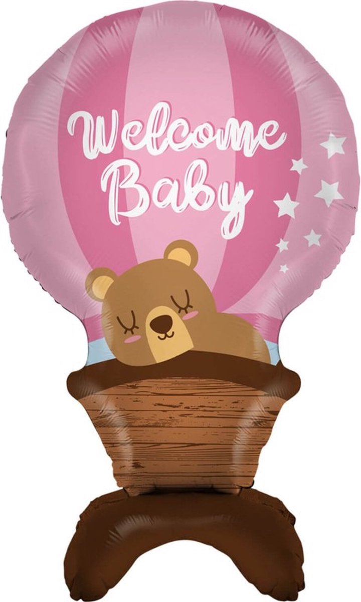 Welcome Baby folie luchtballon roze, staand, 97 cm, staande folieballon, geen helium nodig