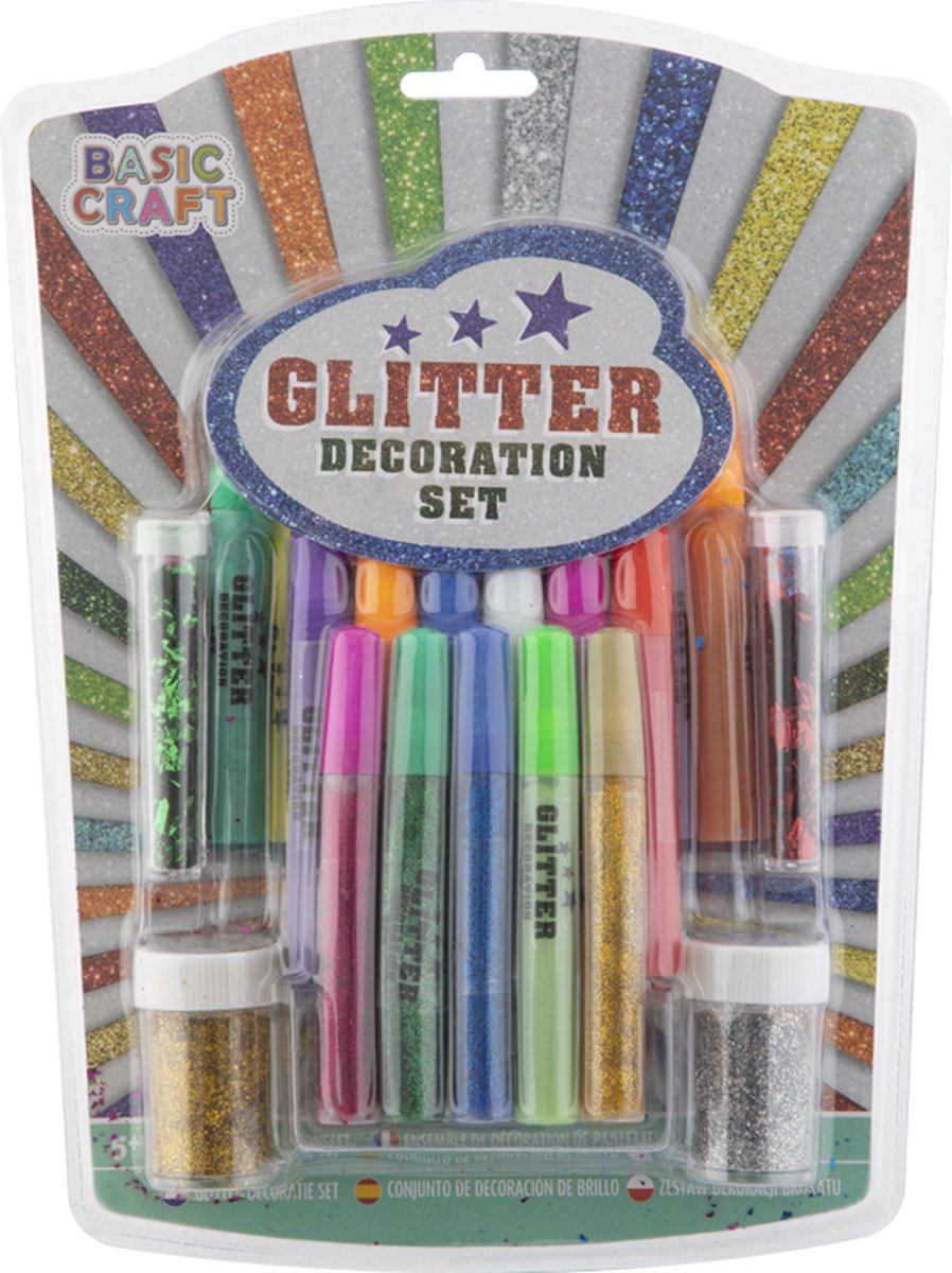 Grafix 17-delige Glitter Decoratie Set - Strooi Glitter - Glitterlijm Stiften -  Goud & Zilver glitters - Uren knutselplezier voor kinderen - Glitter Tekenen voor kinderen