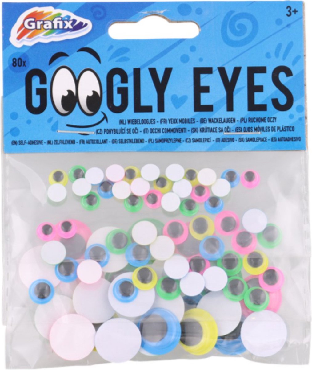 Grafix Googly Eyes - Plakoogjes - Wiebeloogjes - Eyes - 3 soorten maken en kleuren - 80 stuks - Knutselen - Tekenen - Plakken - Stickers - Knutselpakket - Wiebeloogjes - Multikleuren.