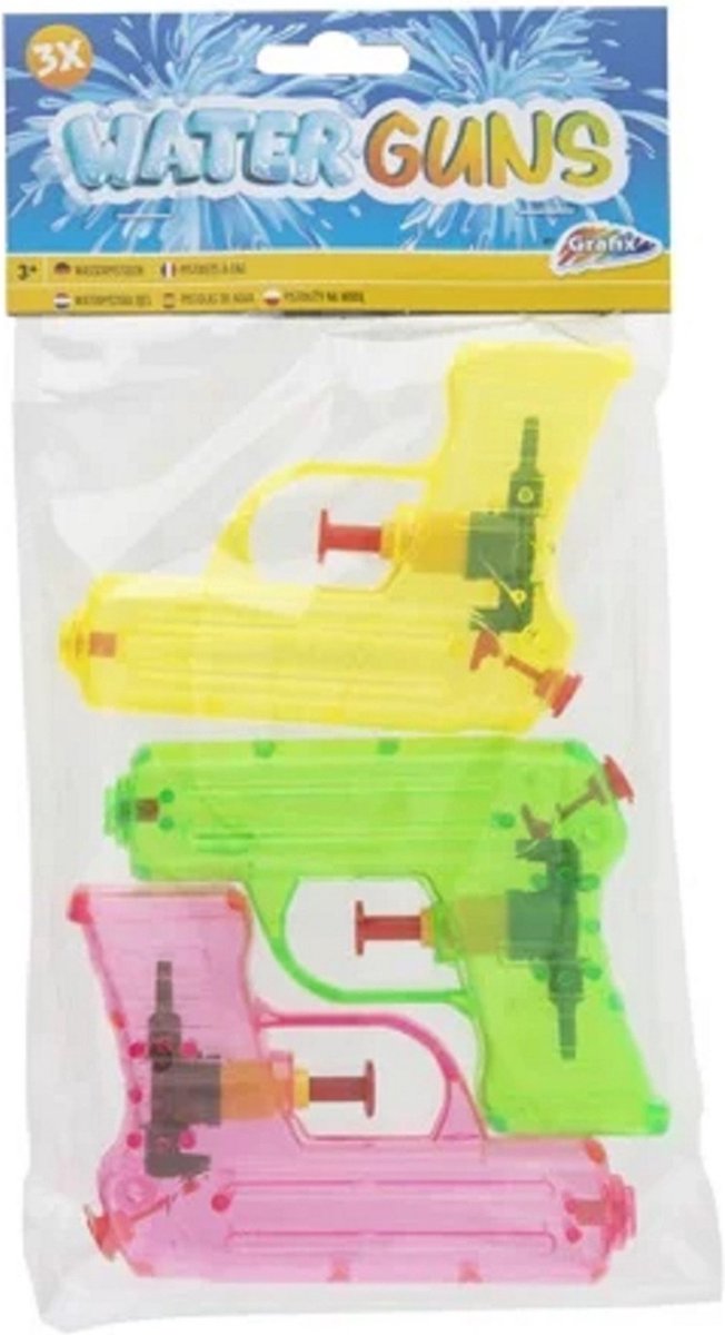 Grafix Waterpistooltje/waterpistool - 3x - klein model - 11 cm - geel/groen/roze