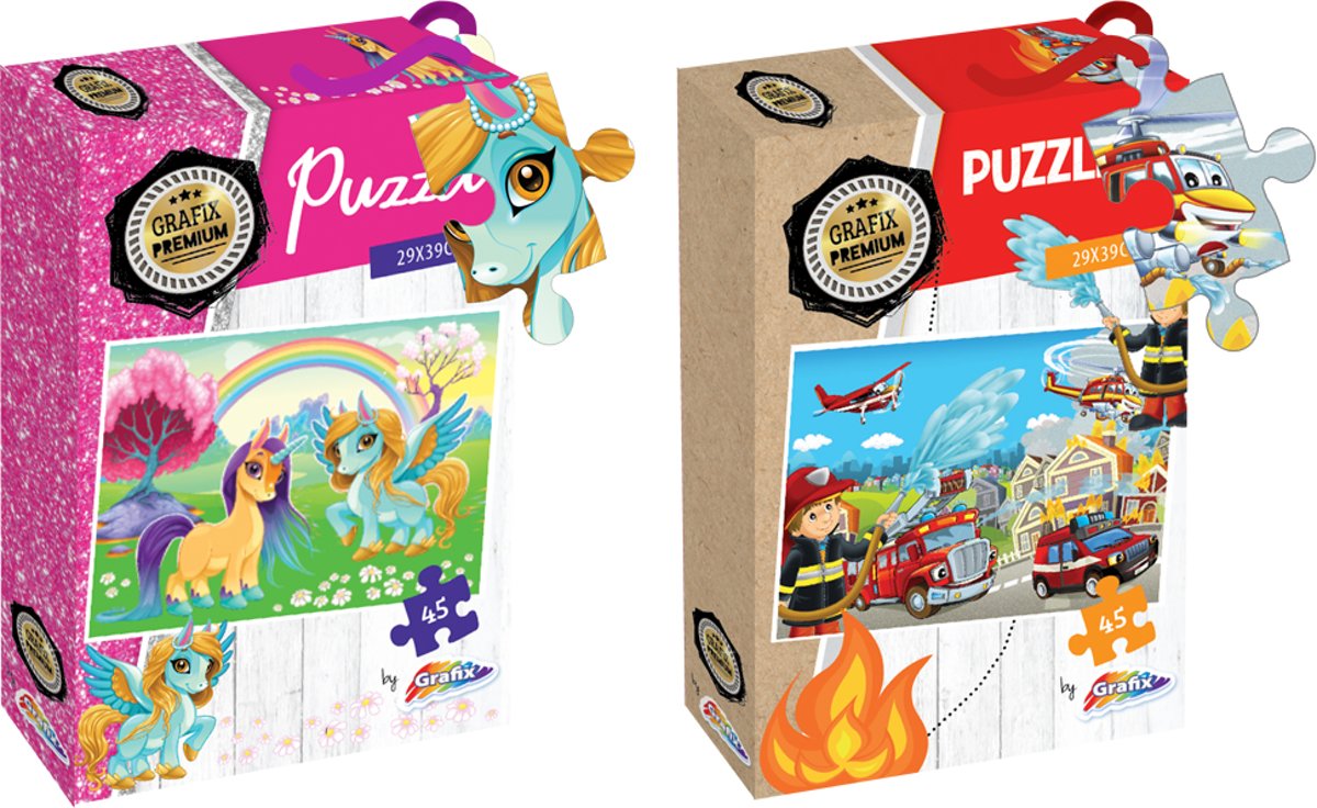 Grafix puzzel voor kinderen - 2x legpuzzel  - Thema: brandweer & unicorns - 45 puzzelstukjes - 29 X 39 CM