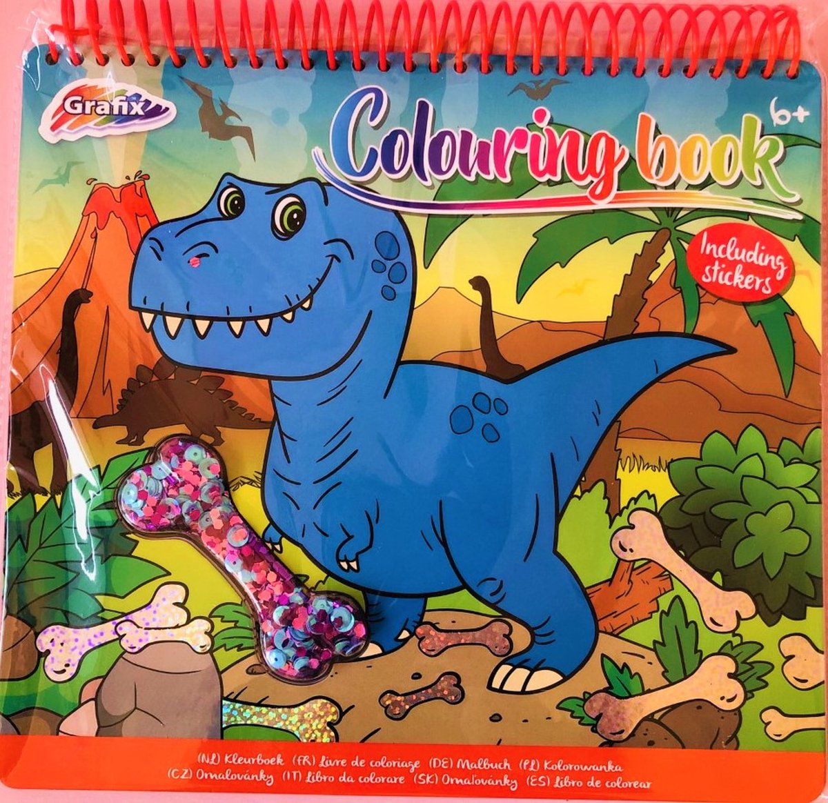 Stevige en Prachtige Dinosaurus Kleurboek met prachtige plaatjes, Stickers en Pailletten - EN 10 GRATIS TUBES GLITTER!  Van kwaliteitsmerk GRAFIX!
