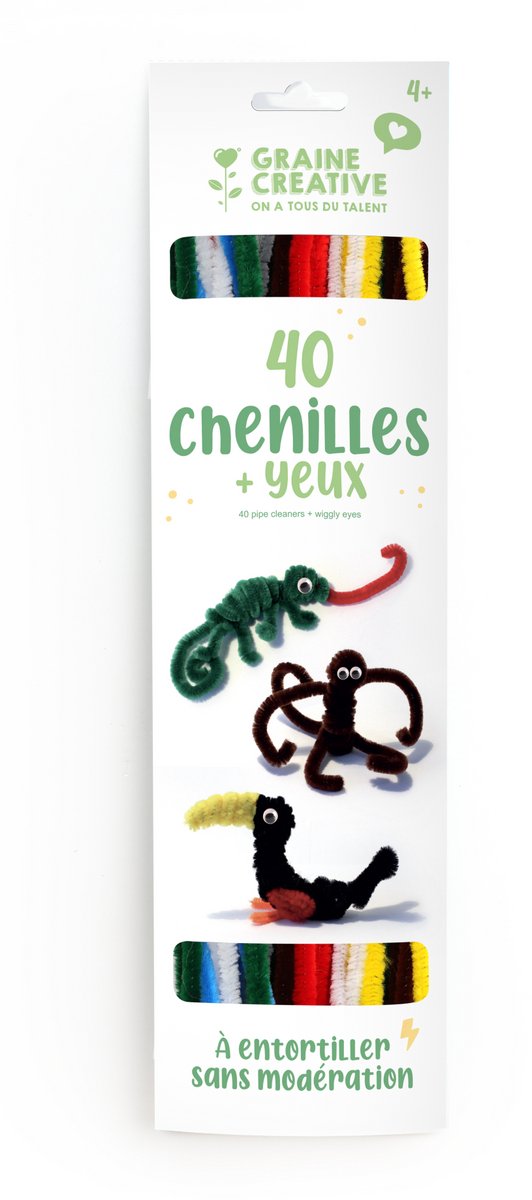 Graine Creative GC Chenilledraad Set met Wiebelogen 40 stuks Basiskleuren.