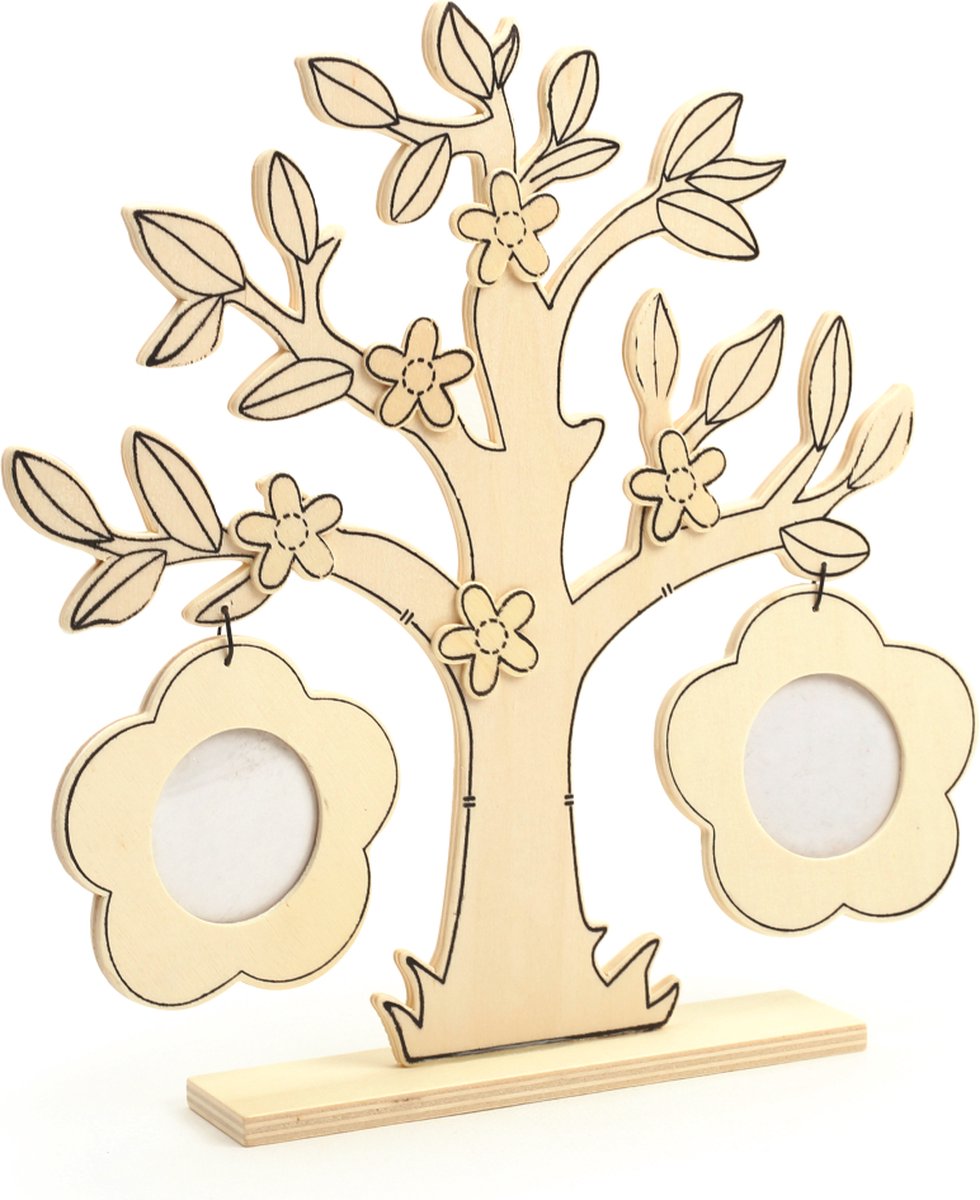 Graine Creative houten fotolijst boom met bloemen 22,5x23x0,5 cm decoratie.