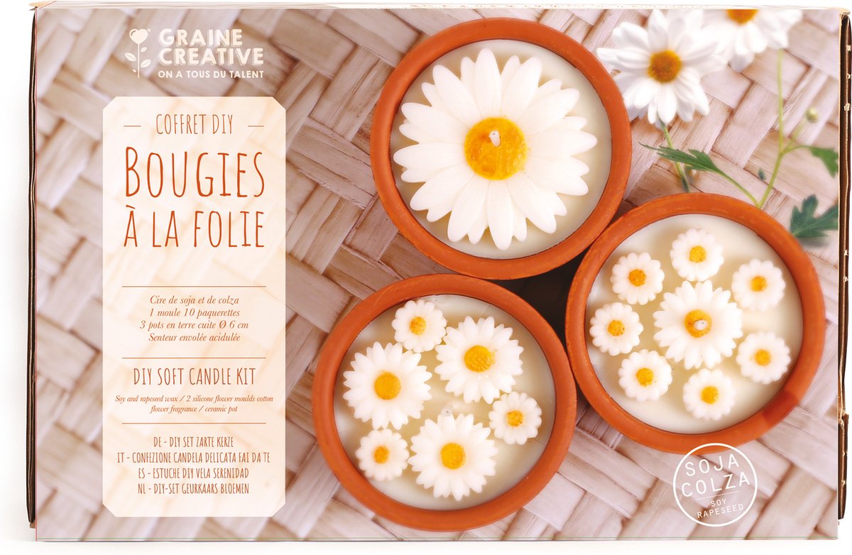 Graine Creative kaarsen maken DIY set margrieten terracotta potjes.