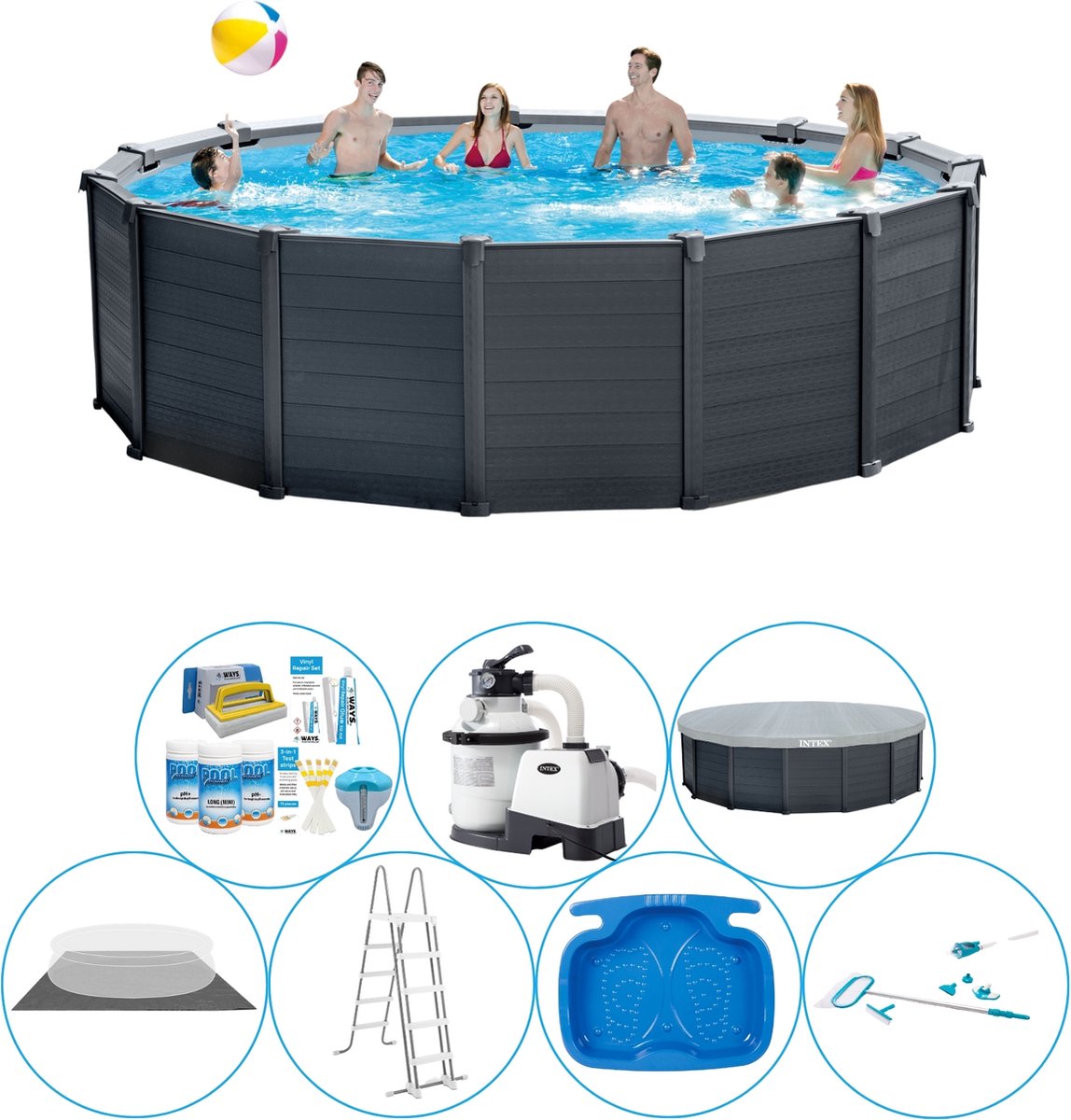 Graphite Gray Rond 478x124 cm - Zwembad Inclusief Accessoires