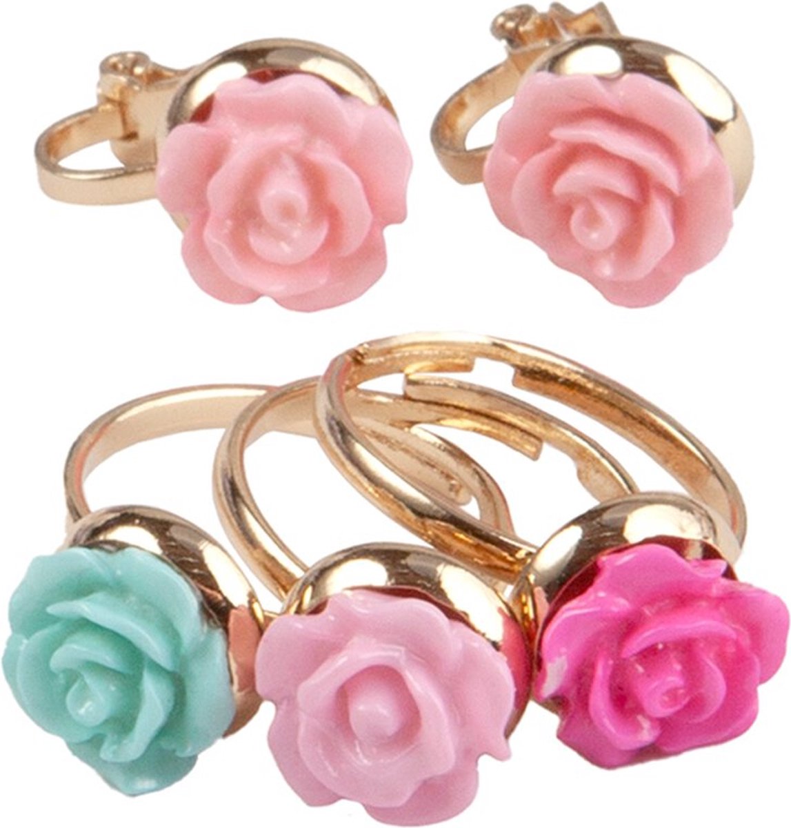 Great Pretenders Boutique Rose Rings & Earring Set, 3 Rings, 1 Set of Clip on Earrings
